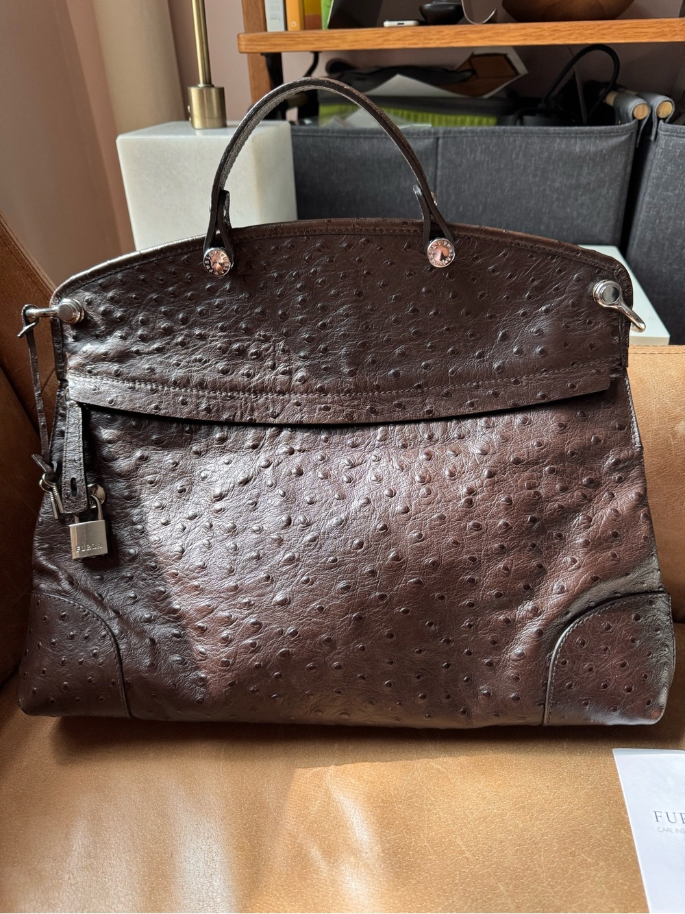Furla Dark Brown Ostrich-Embossed Leather Top-Handle Satchel Bag Piper Sabbia